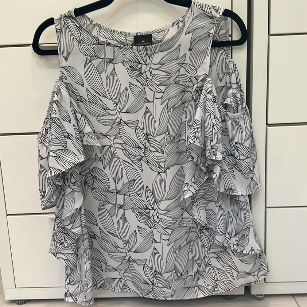 Worthington, black and white off the shoulder, dressy blouse, top career